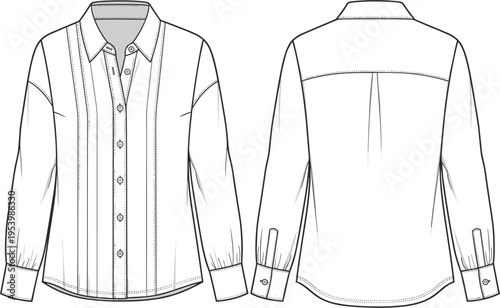 Women long sleeve button up blouse technical flat sketch vector illustration with front pleat details and back yoke for fashion design and apparel manufacturing tech packs.