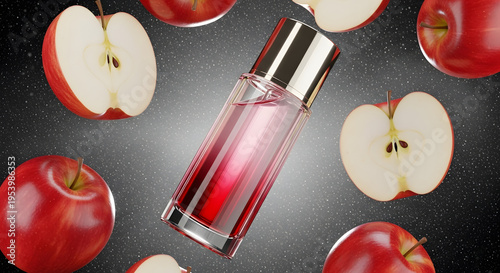 Cosmetic perfume bottle with apple slices arrangement on transparent background
