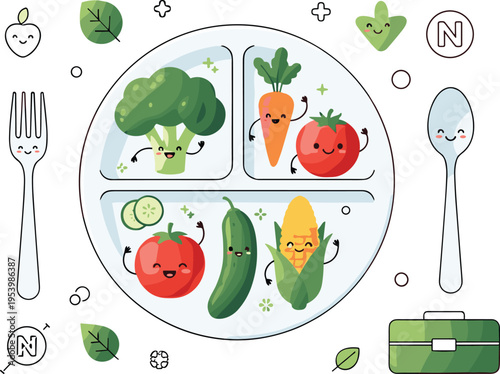 Healthy balanced meal plate with vegetable characters nutrition concept divided dish diet vector illustration set