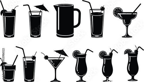 Cocktail drinks silhouettes set with various glasses and garnishes, beverage vector illustration collection, bar menu icons, party refreshment concept, isolated on light background