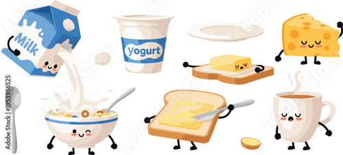 Cute dairy food characters collection with milk yogurt cheese butter bread cereal and coffee cartoon vector illustration set