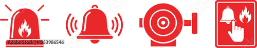 Fire alarm and emergency alert icon set with siren, ringing bell, warning button, and safety notification symbols in red design
