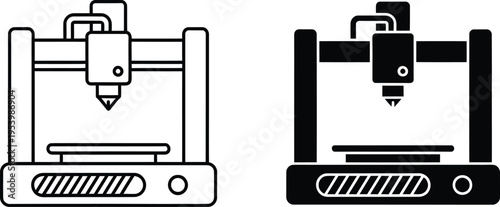 3d printer line art and filled icons set isolated on transparent background technology device outline