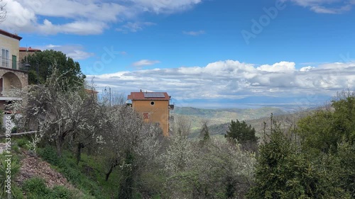 Panoramic view from Perdifumo over Cilento coast and Tyrrhenian Sea, landscape southern Italy scenic view