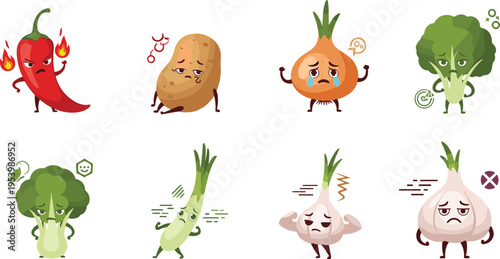Cute vegetable emotion characters set with chili potato onion broccoli garlic and leek cartoon mascot vector illustration