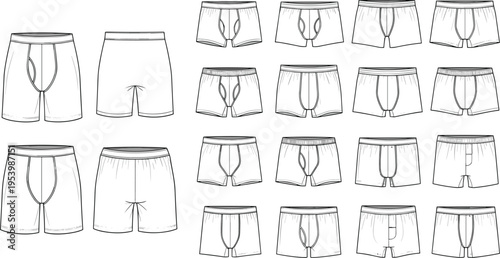 Technical fashion flat vector set of men's boxer briefs and trunks underwear collection with various pouch designs for apparel manufacturing and design.