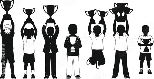 Kids holding trophy silhouette set showing winners celebrating success, achievement award ceremony, champion poses, and youth competition victory concepts