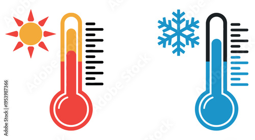 Hot and Cold Temperature Icons Featuring Dual Color Vector Symbols Climate Control Weather Indicators Modern Thermometer Graphics Energy Concept
