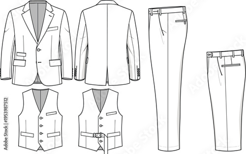Technical fashion flat vector of a men's three piece formal suit including blazer jacket waistcoat and trousers for professional apparel design and tailoring.
