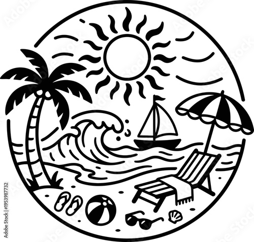 Summer beach scene with palm tree, sun, ocean wave, and sailboat. Vacation and travel concept. Black and white outline vector illustration for logo, emblem