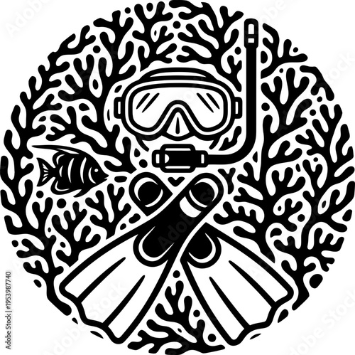 Scuba diving mask, snorkel, and fins with fish in a vibrant coral reef circle. Underwater adventure equipment vector illustration