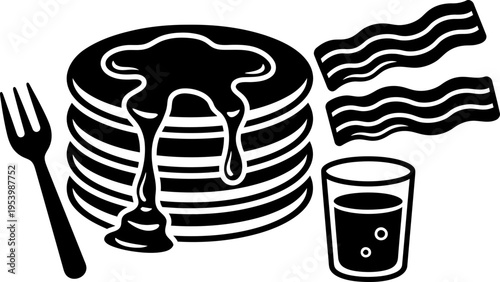 Stack of pancake with syrup, bacon strips, fork, and a glass of drink. Breakfast meal icon concept. Vector illustration for menu design