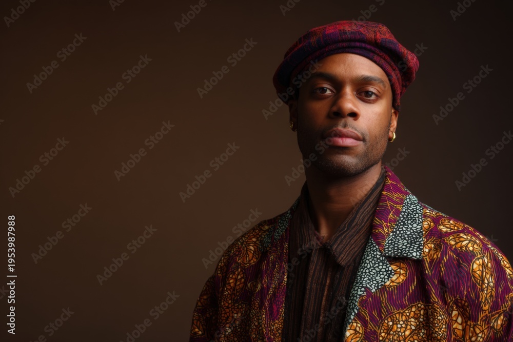 Obraz premium Male african adult wearing patterned jacket and beret in a moody studio portrait with thoughtful expression