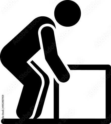 Man lifting heavy box safely using proper technique. Stick figure silhouette showing correct ergonomic posture. Health and safety concept. Vector icon for instruction