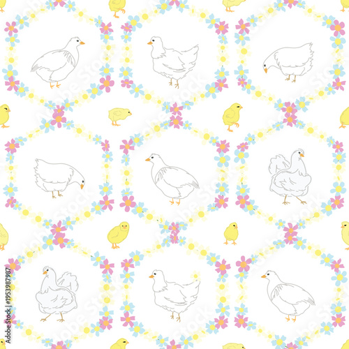 White Chickens and Cute Yellow Baby Chicks Framed in Floral Hexagonal Wreaths on a White Background