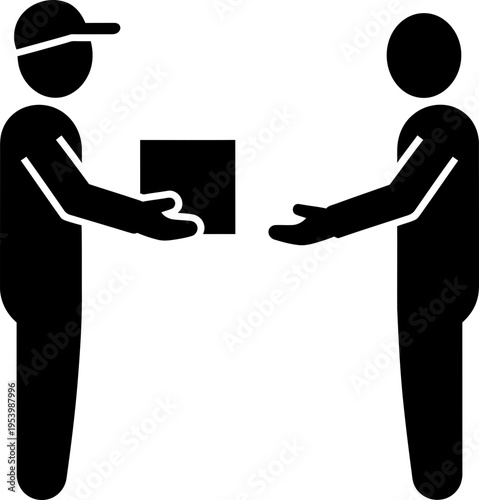 Delivery man giving package to a recipient icon. Shipping service, courier parcel transfer concept. Black and white vector pictogram for app, website