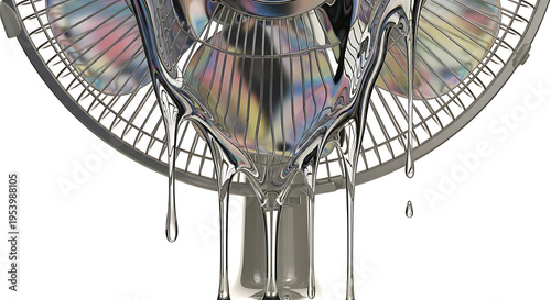 Metallic liquid flows over electric fan abstract conceptual visual