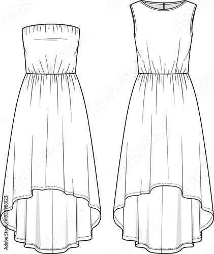 Technical fashion flat vector of women's sleeveless and strapless high-low hem midi dresses with gathered waist and flowing skirt for apparel design.