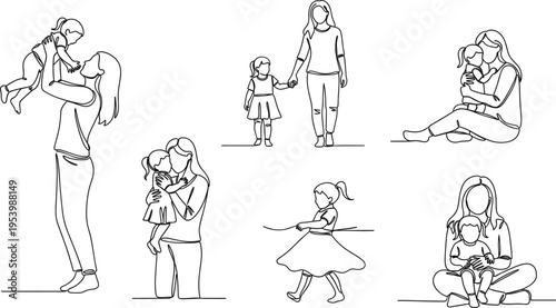 Mother and Daughter Daily Life Moments Continuous Line Art Set Showing Love Care Walking Playing Hugging and Parenting Lifestyle Scenes