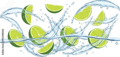 Fresh lime slices with water splash dynamic composition citrus fruit refreshing concept vector illustration set