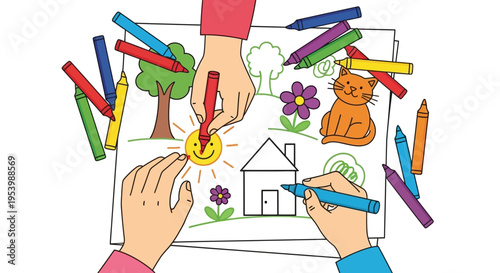 Children drawing a picture together with crayons and markers.