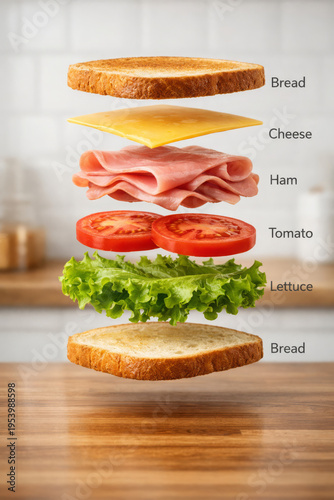 Fresh ham and cheese sandwich layers floating in bright kitchen area