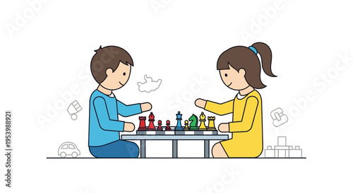 Children playing chess game on a table.