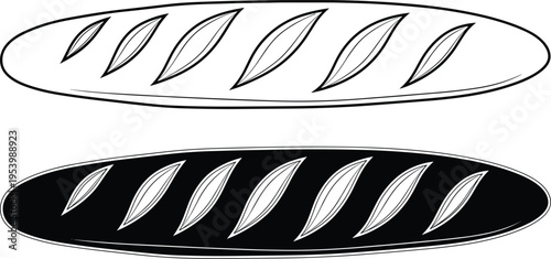 "Vector illustration of baguette bread silhouettes with diagonal slashes in outlined and filled styles isolated on white background for bakery, food, and design projects"