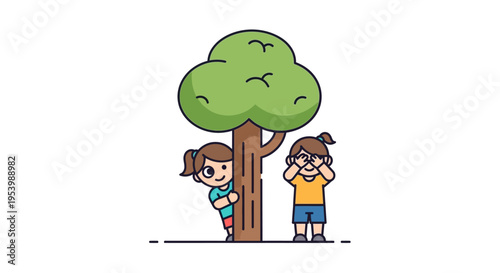 Children playing hide and seek behind a tree.
