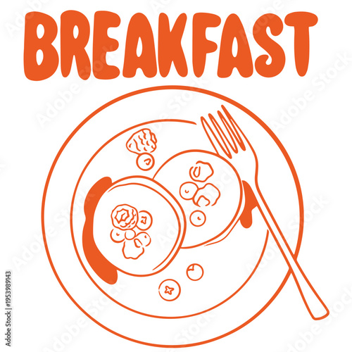 Breakfast hand drawn doodle with pancakes berries and fork plate morning meal illustration
