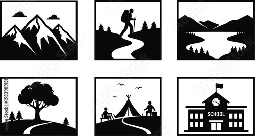 Six black and white silhouette images of nature and man made structures