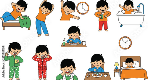 A cartoon boy's morning routine depicted in a series of nine illustrations