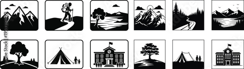 A collection of 12 black and white illustrations of various landscapes and buildings