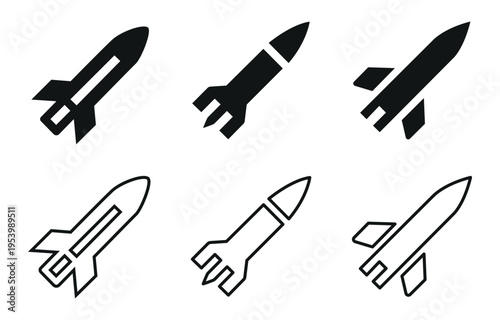Rocket Launch Icons Set – Solid and Outline Spacecraft Vector Illustration Collection