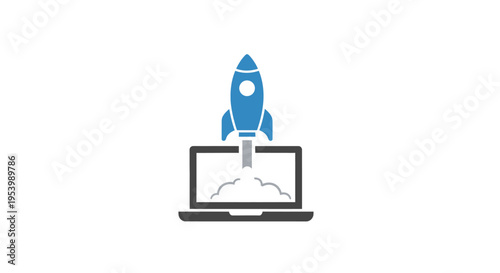 Laptop launching a blue rocket.