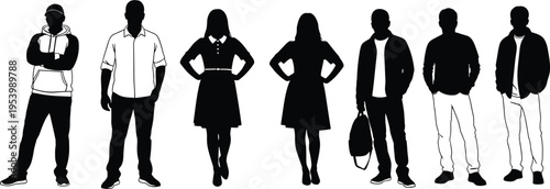 Diverse people silhouette collection featuring men and women in casual outfits, standing poses with accessories, vector illustration set isolated on white background