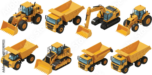 Construction vehicles collection with excavators, dump trucks, loaders and bulldozers, heavy machinery vector illustration set, industrial equipment design, isolated on light background
