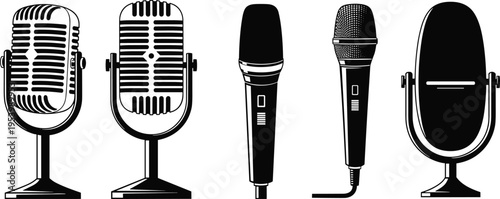 Microphone icon set with vintage studio mics, handheld audio equipment, podcast recording symbols, and broadcast sound technology silhouettes