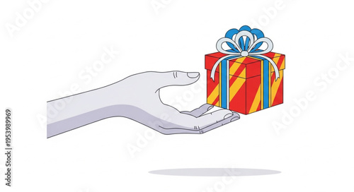 Hand Offering a Colorful Gift Box with Blue Bow.
