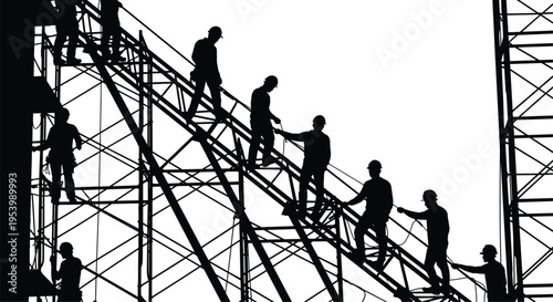 Construction workers on scaffolding silhouette vector, industrial labor team climbing structure, building site activity illustration, engineering workforce concept, black isolated design