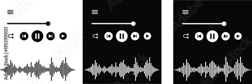 Music player interface icon set with waveform, playback controls, progress slider, shuffle button, and menu symbols in black and white design