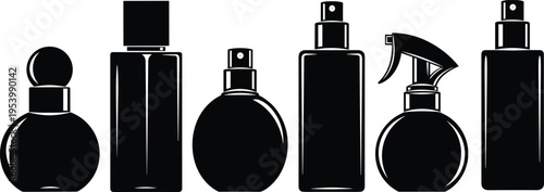 Perfume bottle silhouette set with elegant fragrance containers, black cosmetic spray and scent packaging collection isolated on gray background illustration
