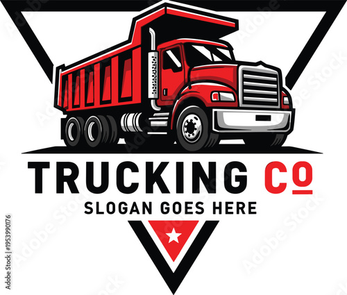 Dump truck logo design with bold typography, trucking company vector illustration, heavy transport vehicle branding concept, construction industry theme, isolated on light background