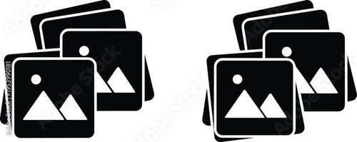 Photo gallery stack icon set with layered image pictures, media collection symbols, and picture album design in black silhouette style