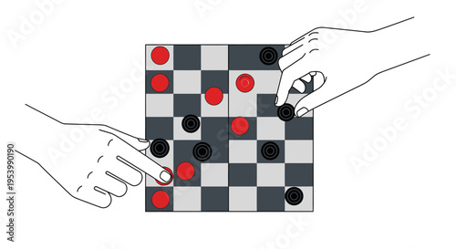 Two hands playing a strategic game of checkers on a board.