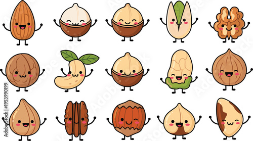 Cute nuts cartoon characters collection with almond walnut pistachio hazelnut and cashew smiling mascot vector illustration set