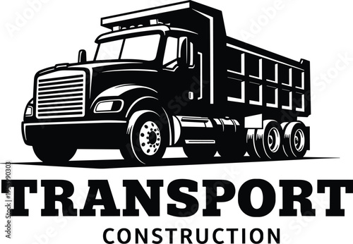 Dump truck transport construction logo with heavy vehicle silhouette, industrial trucking vector illustration, cargo delivery concept, bold typography design, isolated on light background