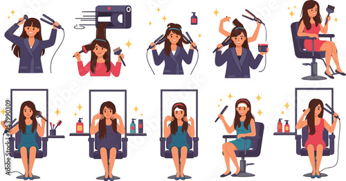 Beauty salon services collection with hairstylist makeup artist and hair care treatments vector illustration