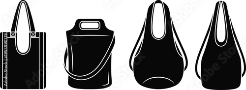 Reusable shopping bag set silhouette illustration with eco friendly tote designs, modern black carry bag collection isolated on gray background
