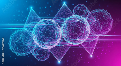 Abstract Geometric Shapes with Spheres and Pyramids in a Digital Design.